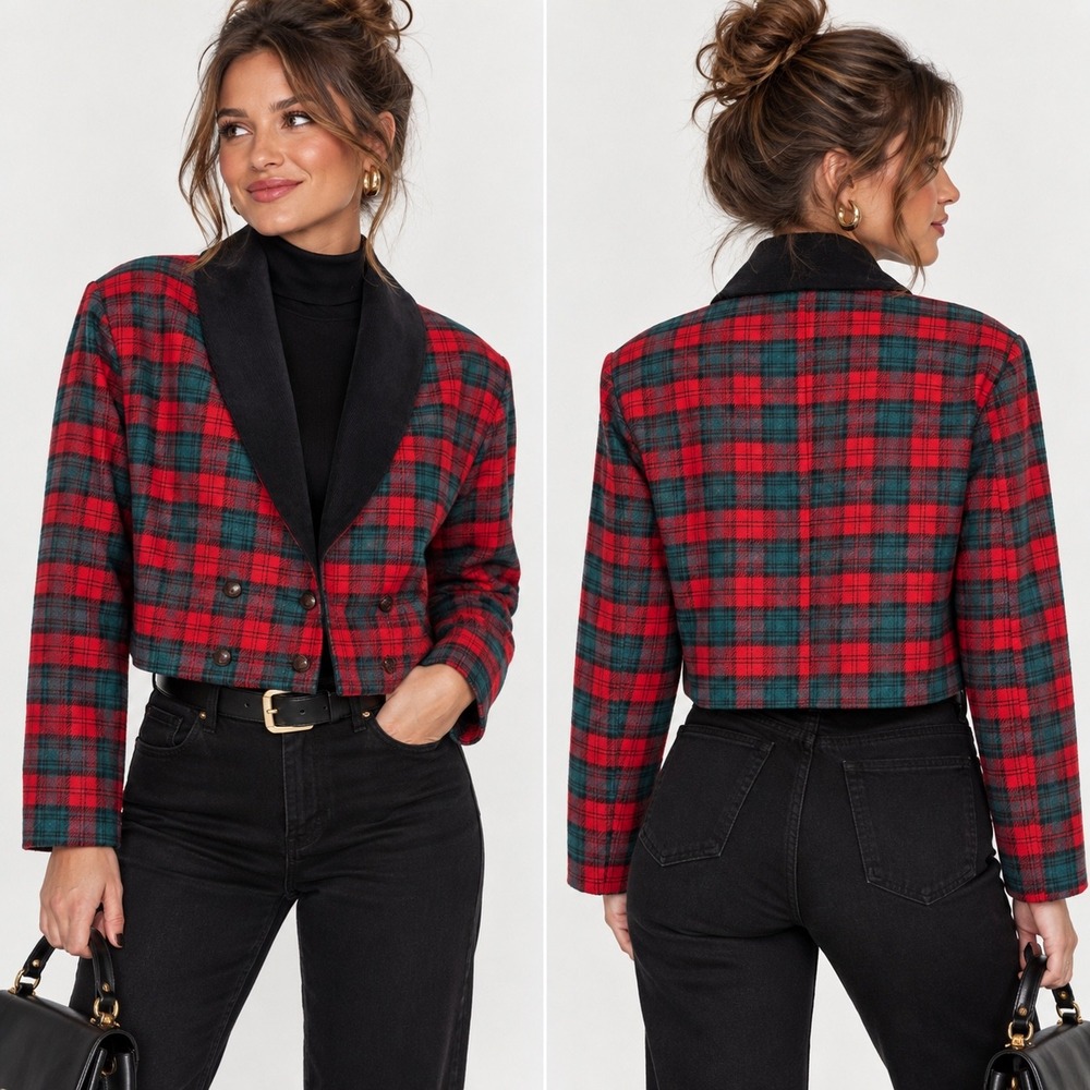 Vintage Peggy Hart Tartan Cropped Blazer Red Green Women Medium Corduroy Collar